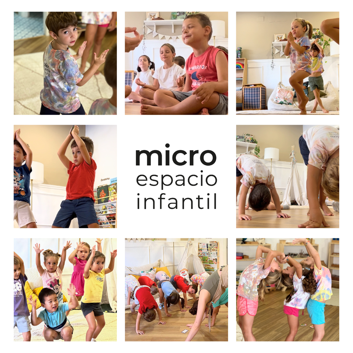 Collage de fotos de niños practicando yoga en micro.